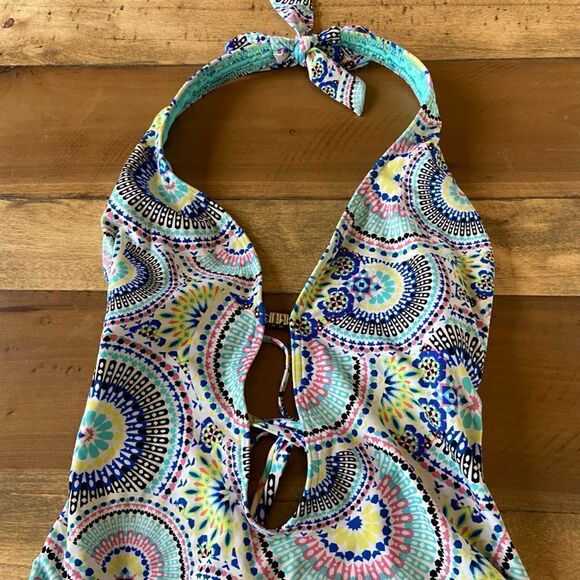 Bar III Women's Printed Plunge Lace Up Back One-Piece Swimsuit, Blue Multi, Smal - Picture 2 of 7